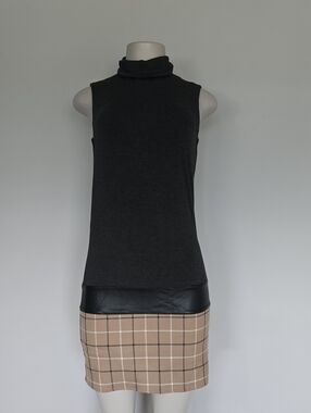 Bailey 44 charcoal gray sleeveless dress faux leather/plaid trim-S